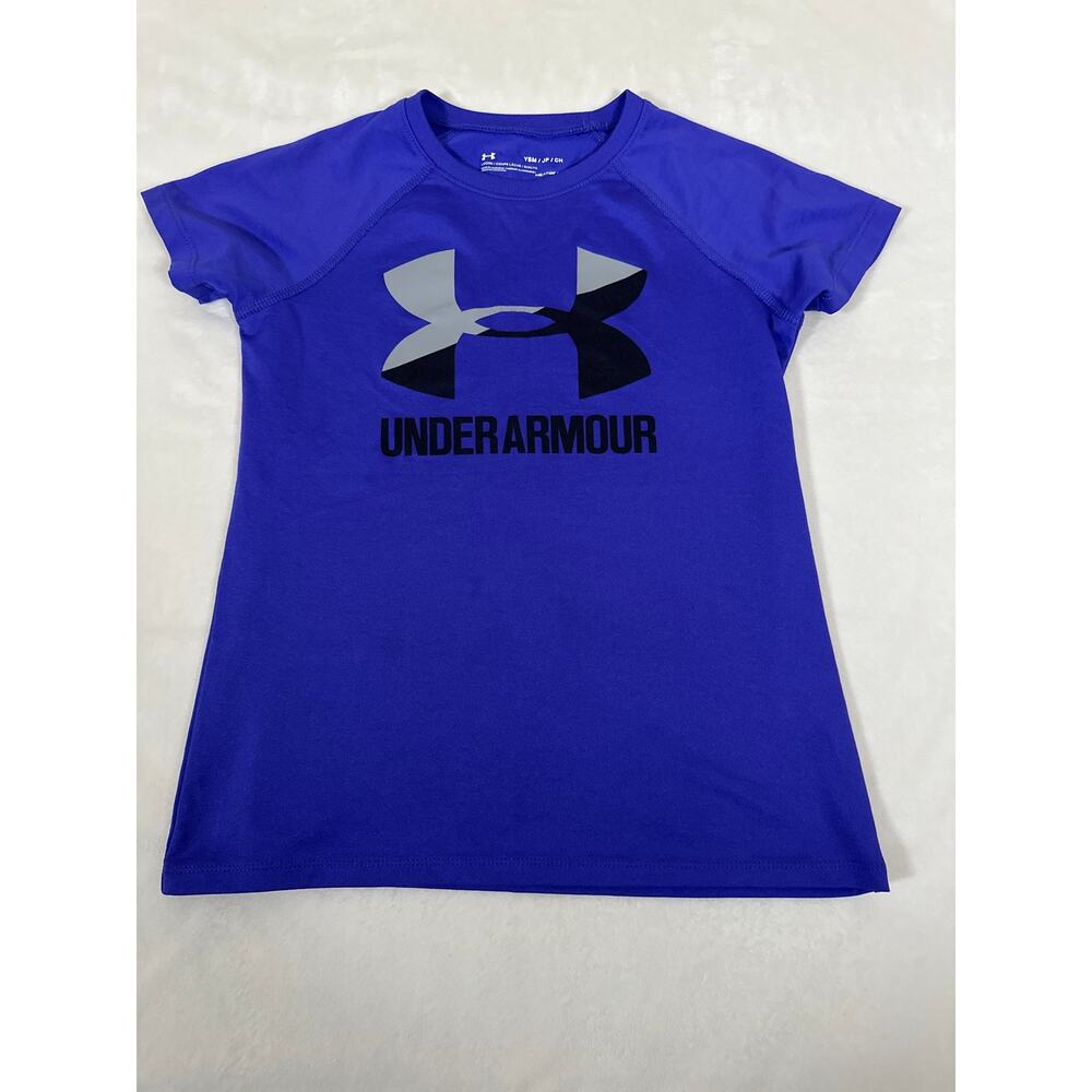 Under Armour HeatGear Girls Athletic T-Shirt Purple YSM Youth Small Short Sleeve